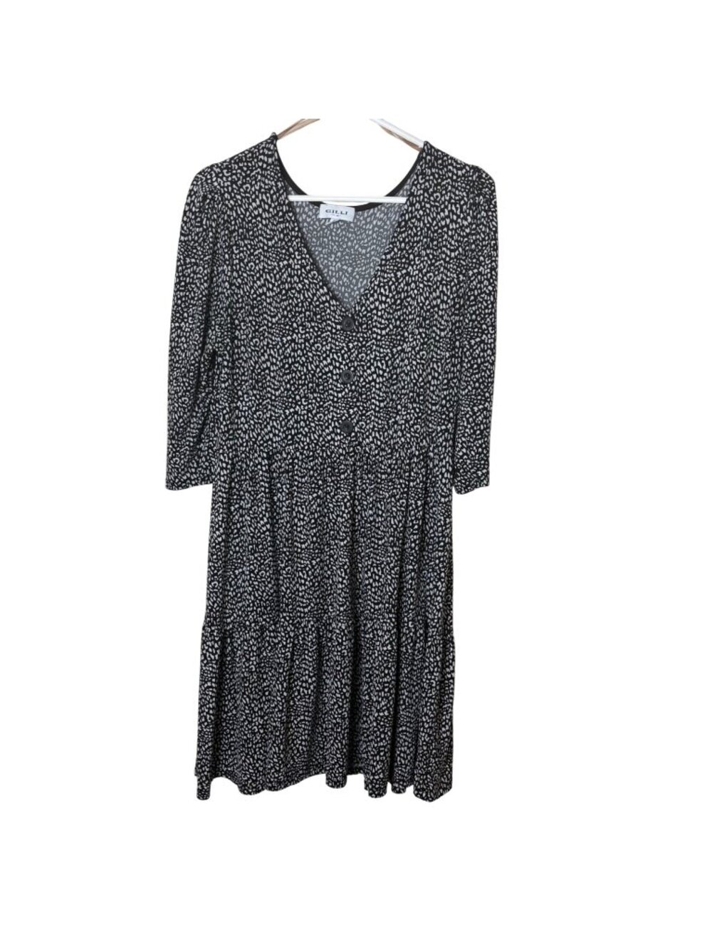 Gilli  Size L Black White Animal Print Tiered Dress V-Neck 3/4 Sleeves